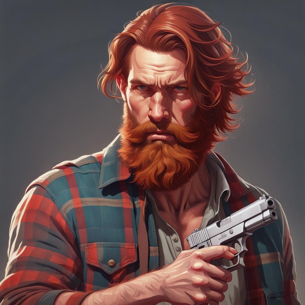 Detailed Portrait of Bearded Man with Handgun