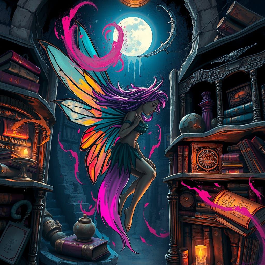 Abstract graffiti style Close up of a magical fairy in an ancient magical library hidden deep within a crumbling stone r...