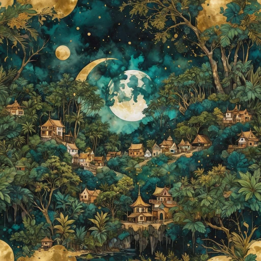 Jungle Village with Moon in Alcohol-Ink Marbling Style