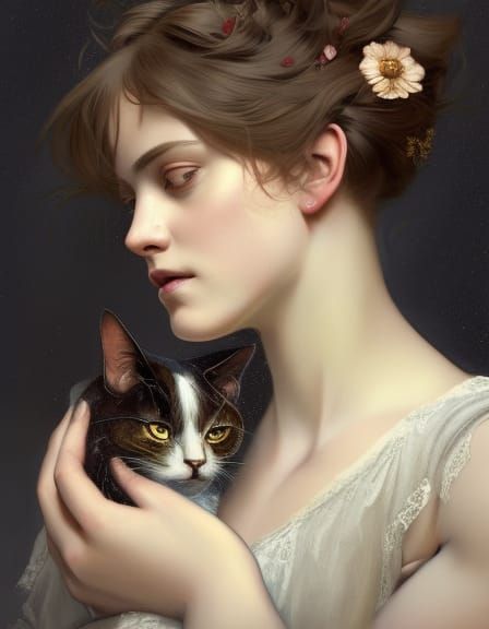 Victorian Woman and Cat Portrait in Digital Art Style