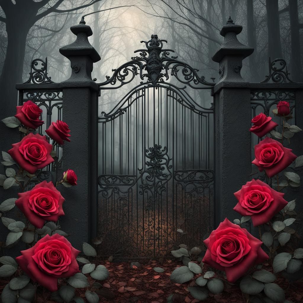 Roses and Gate in Haunted Forest