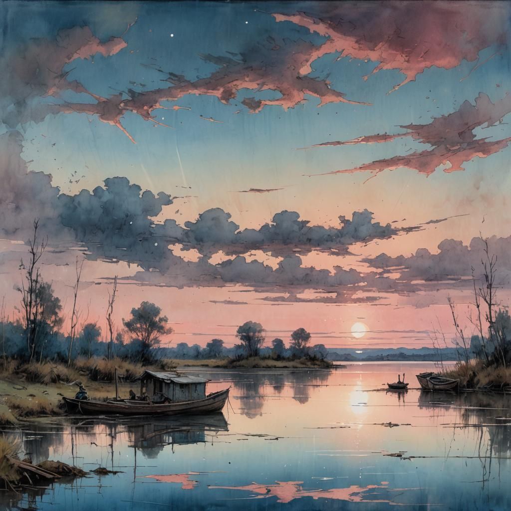 Silent Lake at Blue Hour in Gouache Style