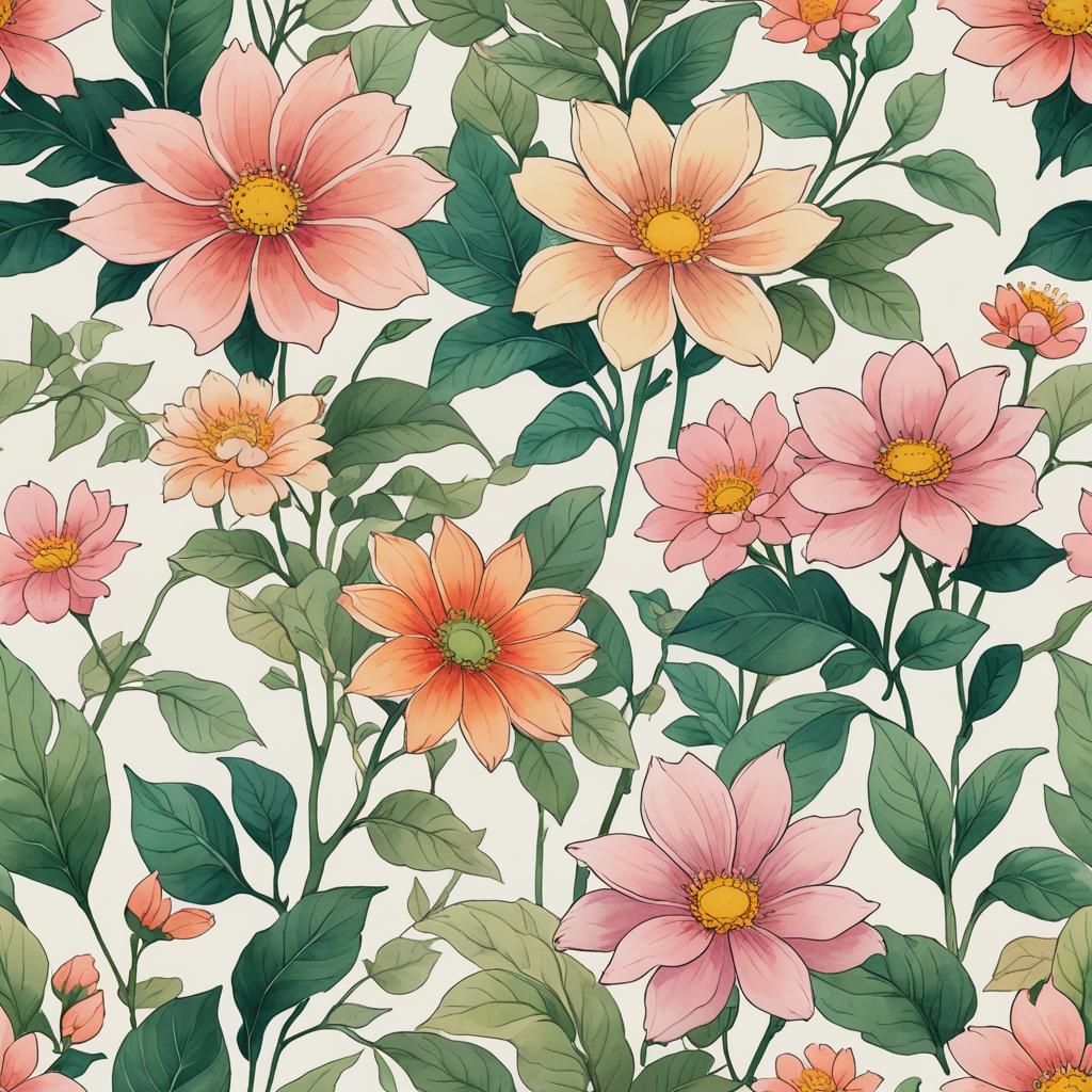 Anime Floral Triptych in Pastel Watercolor