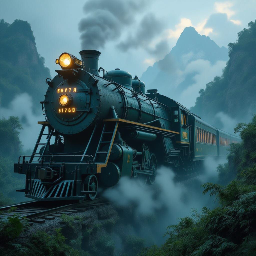 Ancient Jungle Train in Misty Mountains