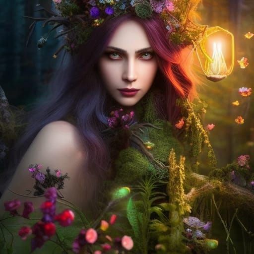 Enchanting Herbal Witch in Moonlit Forest