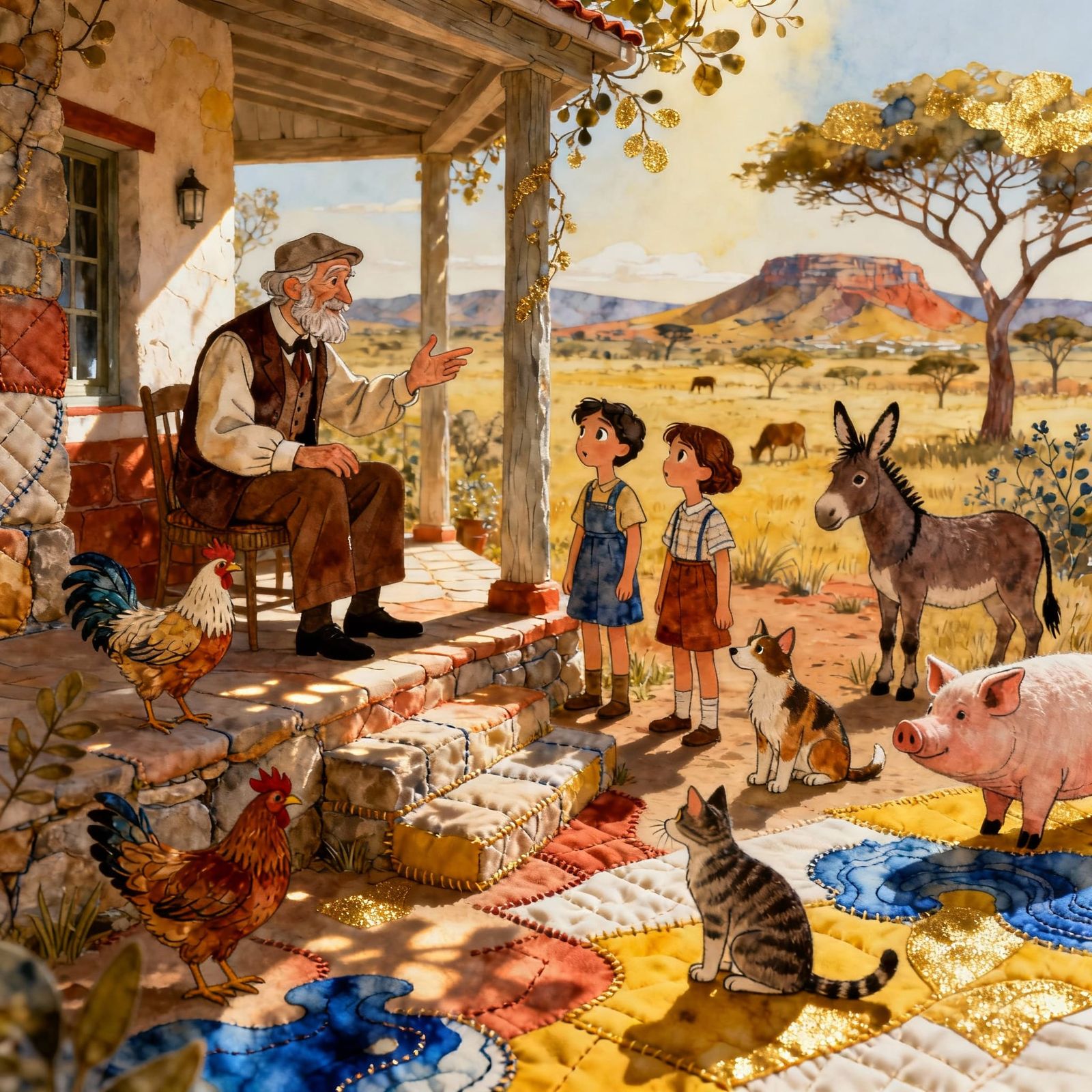 Grandfather Tells Stories on Farm Veranda in 3D Quilted Art