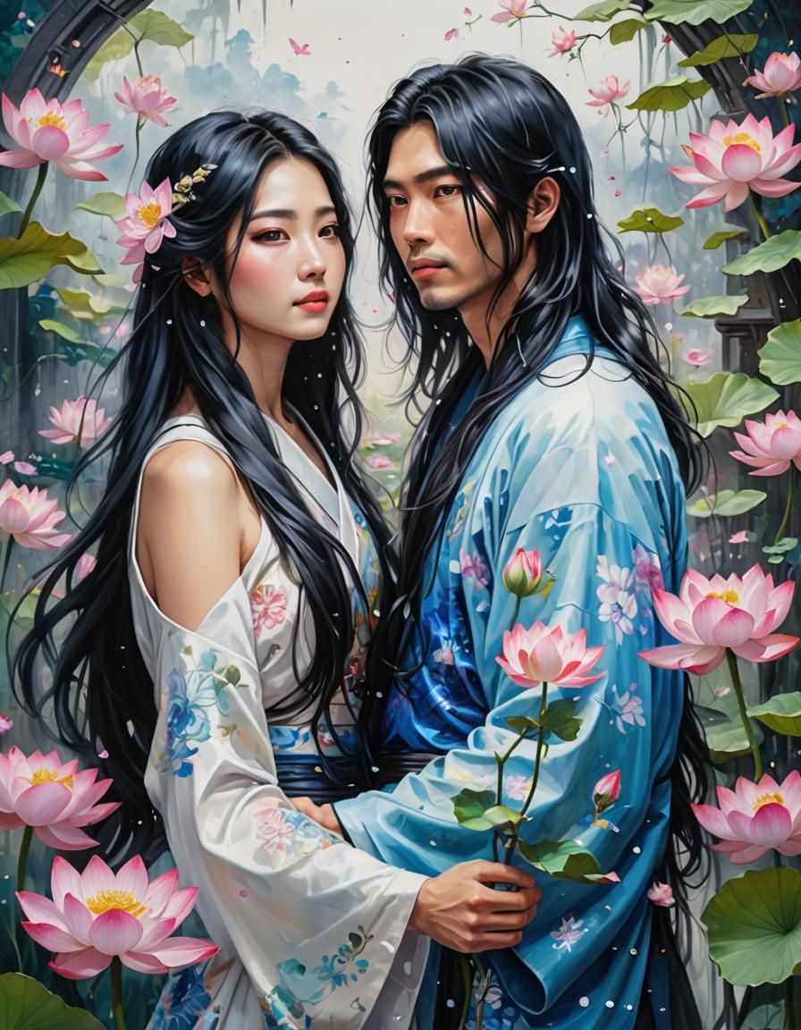 Romantic Japanese Couple in Love with Lotus Flowers