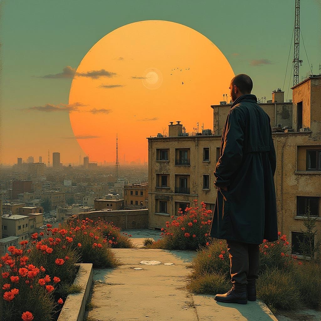 Retrofuturist Dystopian Cybermegapolis at Syrian Sunrise