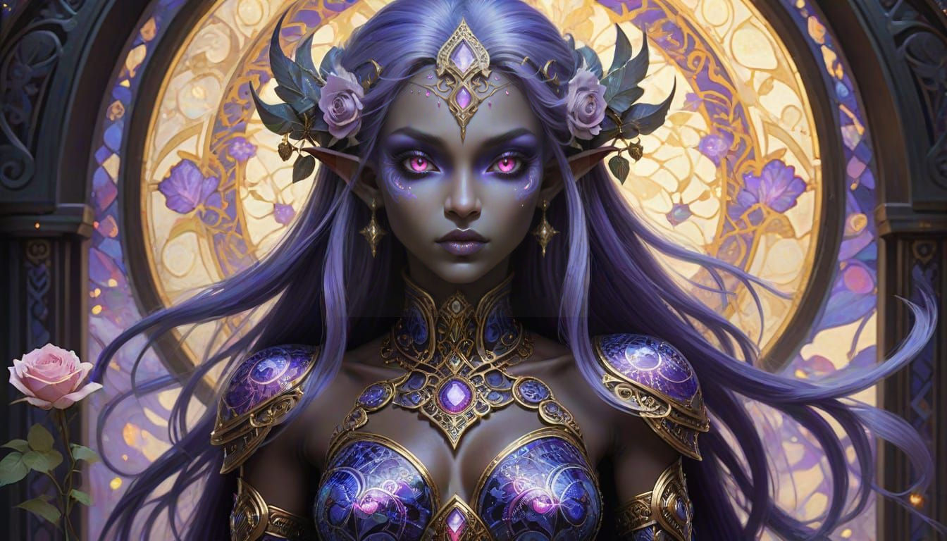Ethereal Dark Elf Goddess in Opulent, Symbolic Style
