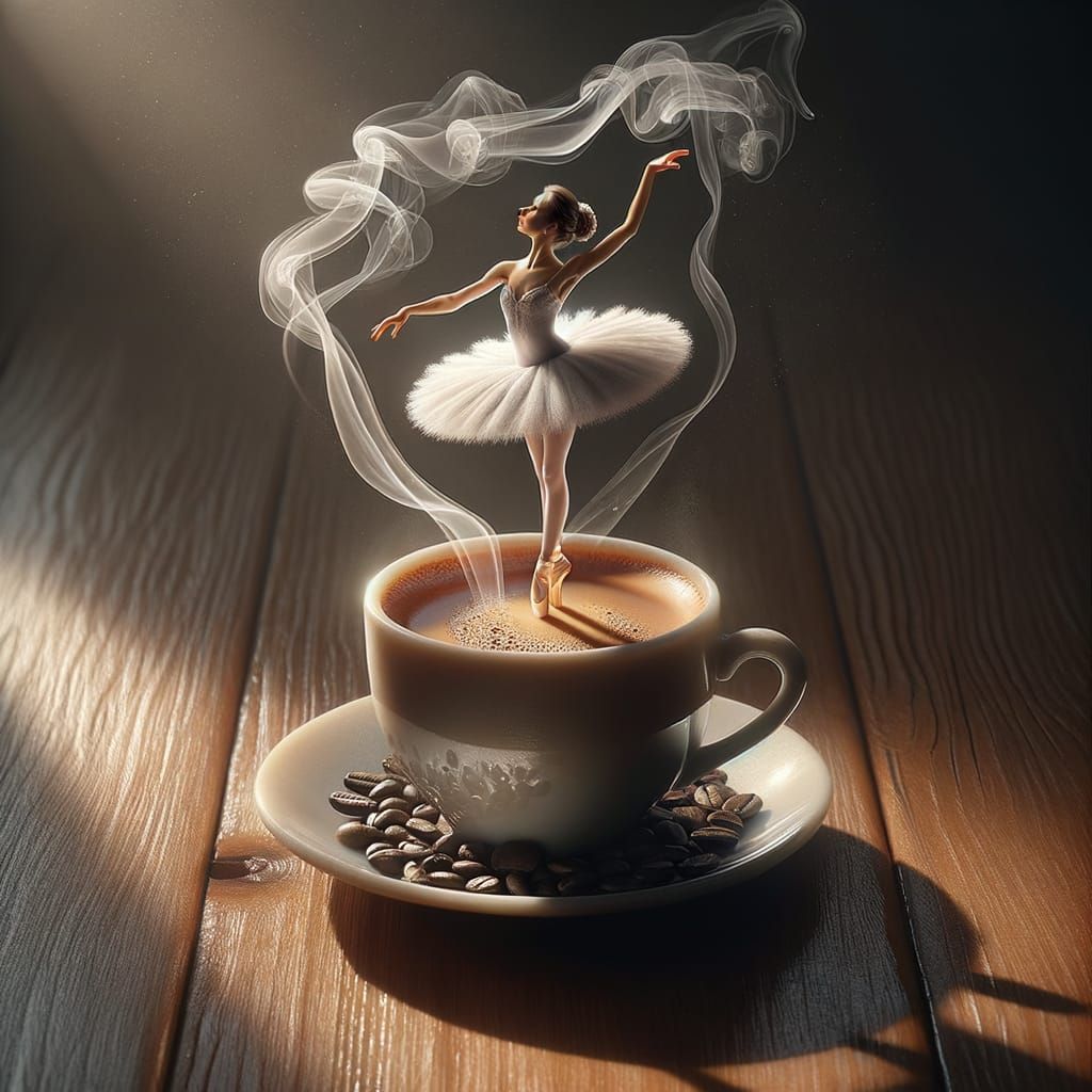 Ballerina's Dance: Hyperrealistic Miniature on Coffee Cup