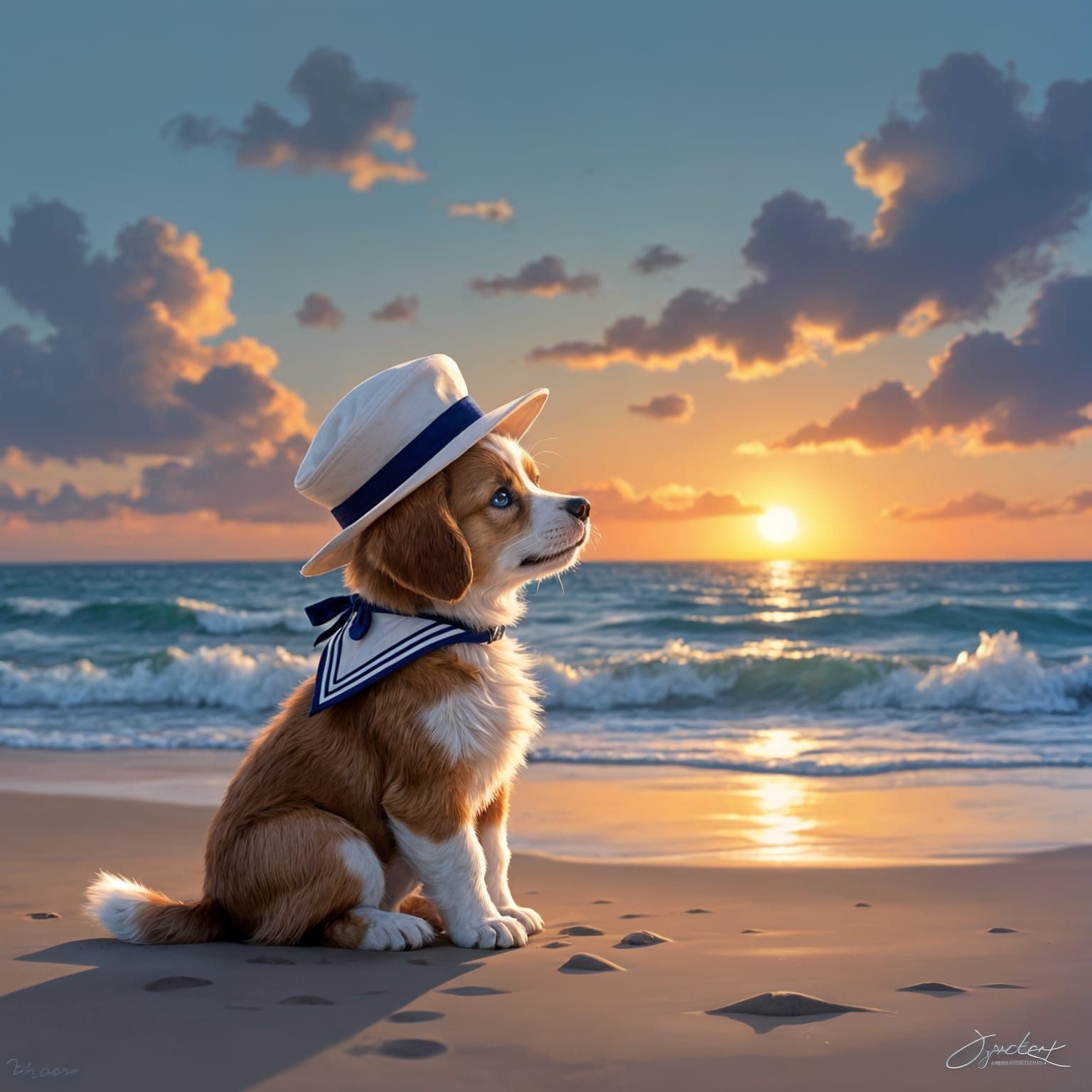 Puppy in Sailor Hat on Beach at Dusk