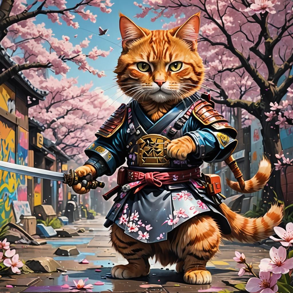 Samurai Cat in Graffiti Art Style