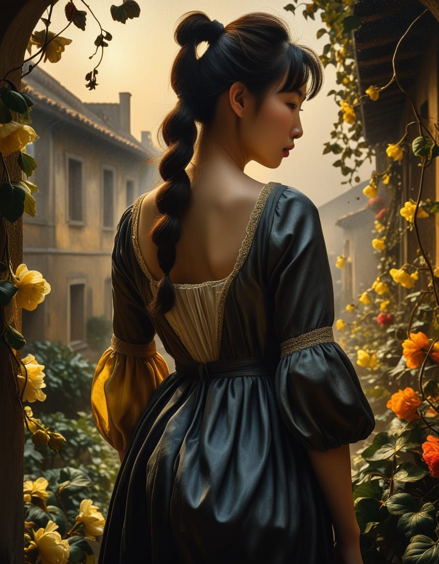 Woman in Misty Garden: A Baroque Oil Painting
