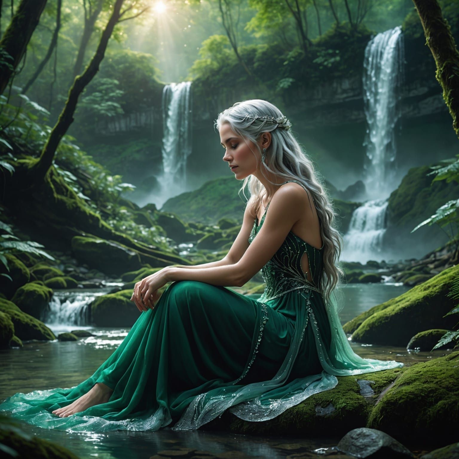 Ethereal Woman with Silver Hair by Waterfall