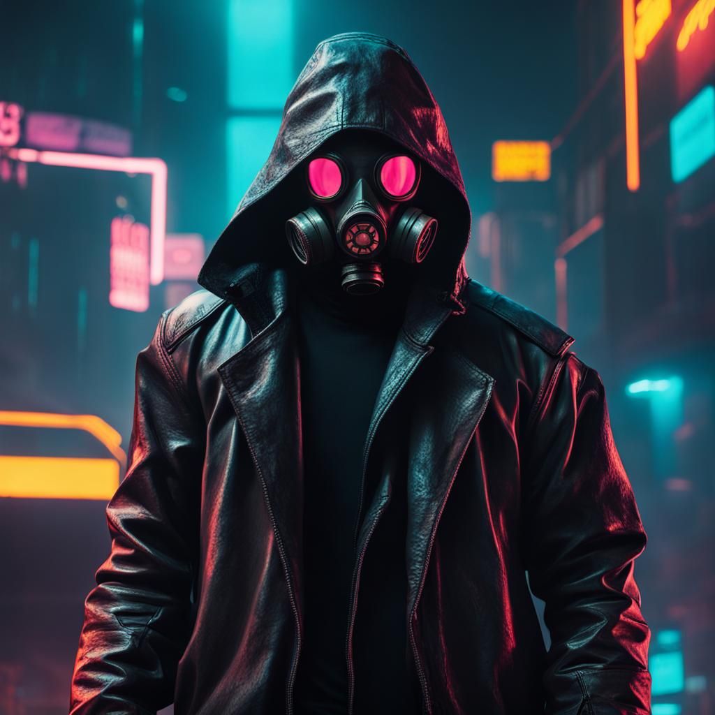 Cyberpunk Man in War-Torn Neon City