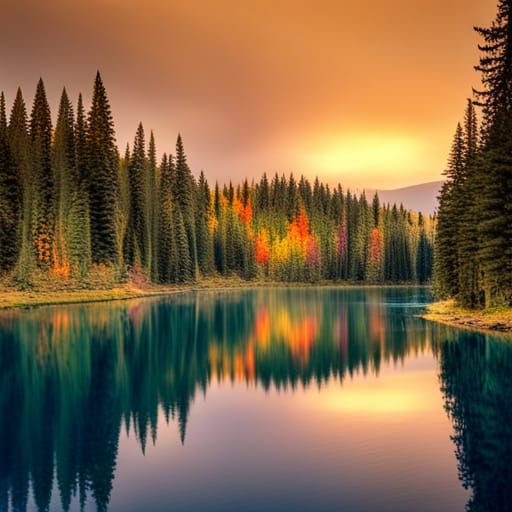 Rainbow Reflection Over Forest Lake