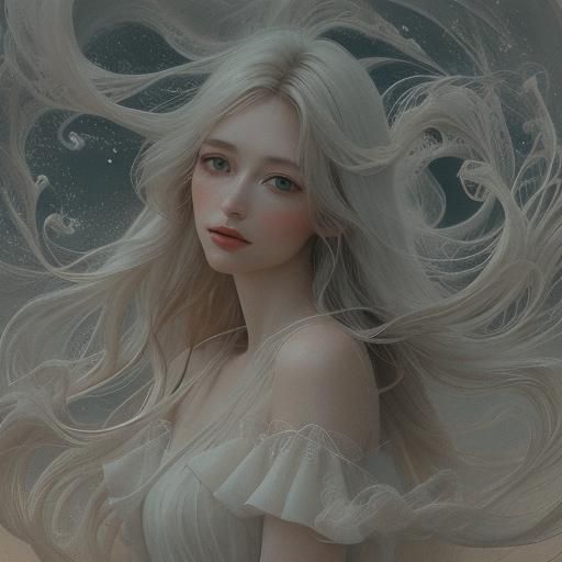 Ethereal Figure Amidst Swirling Pastel Clouds