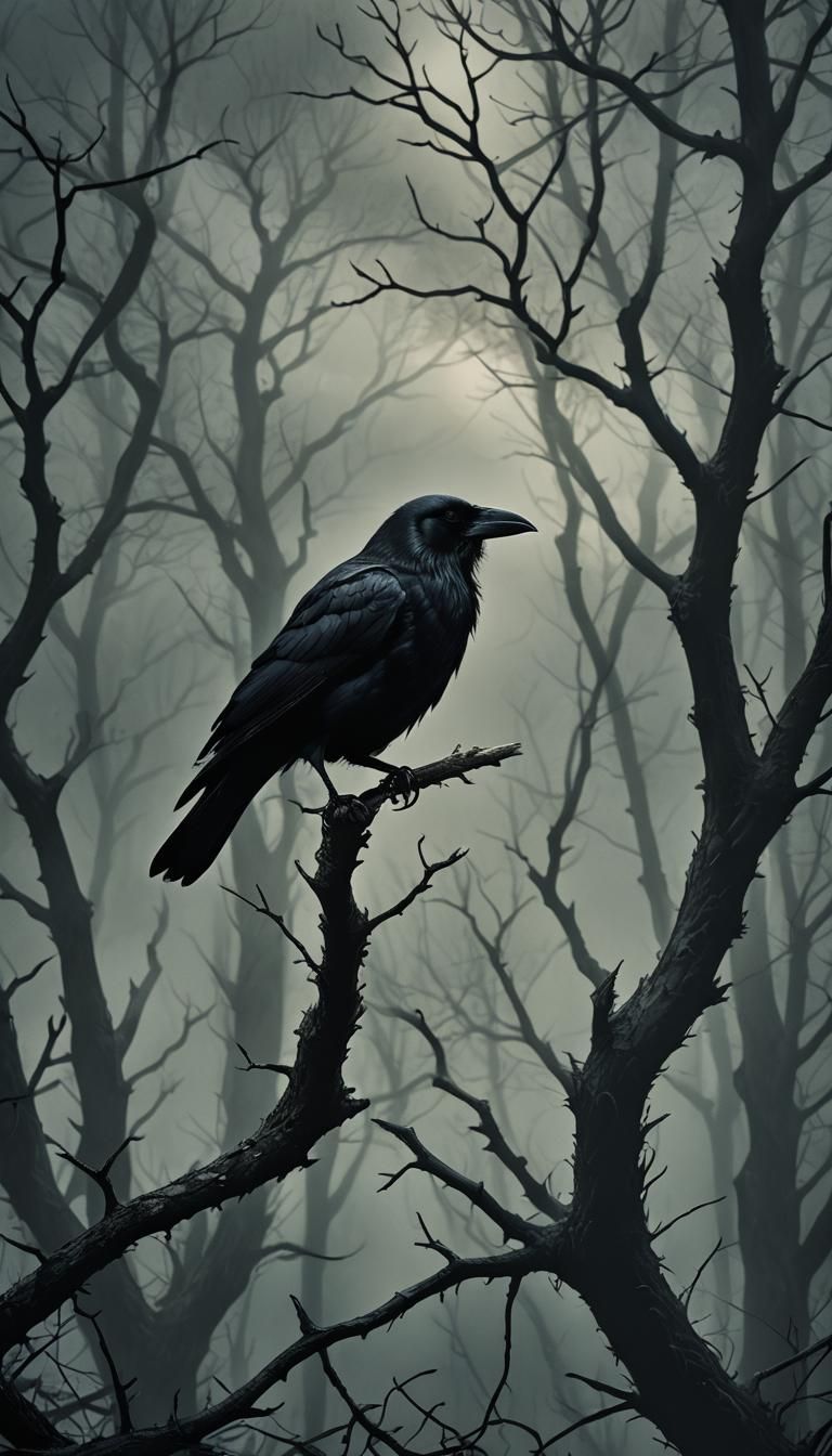 Black Crow in Moody Dark Fantasy Forest