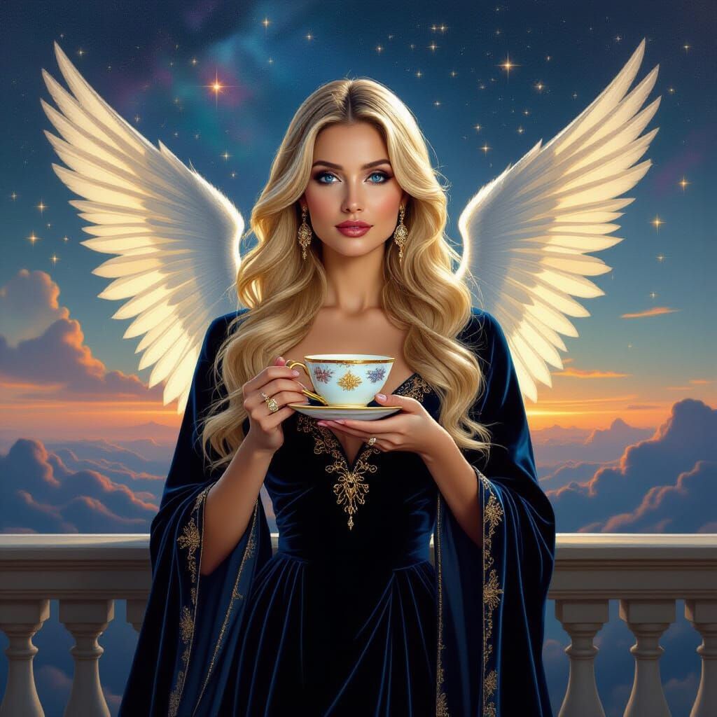 Angel Woman with Celestial Teacup Overlooking Nebula