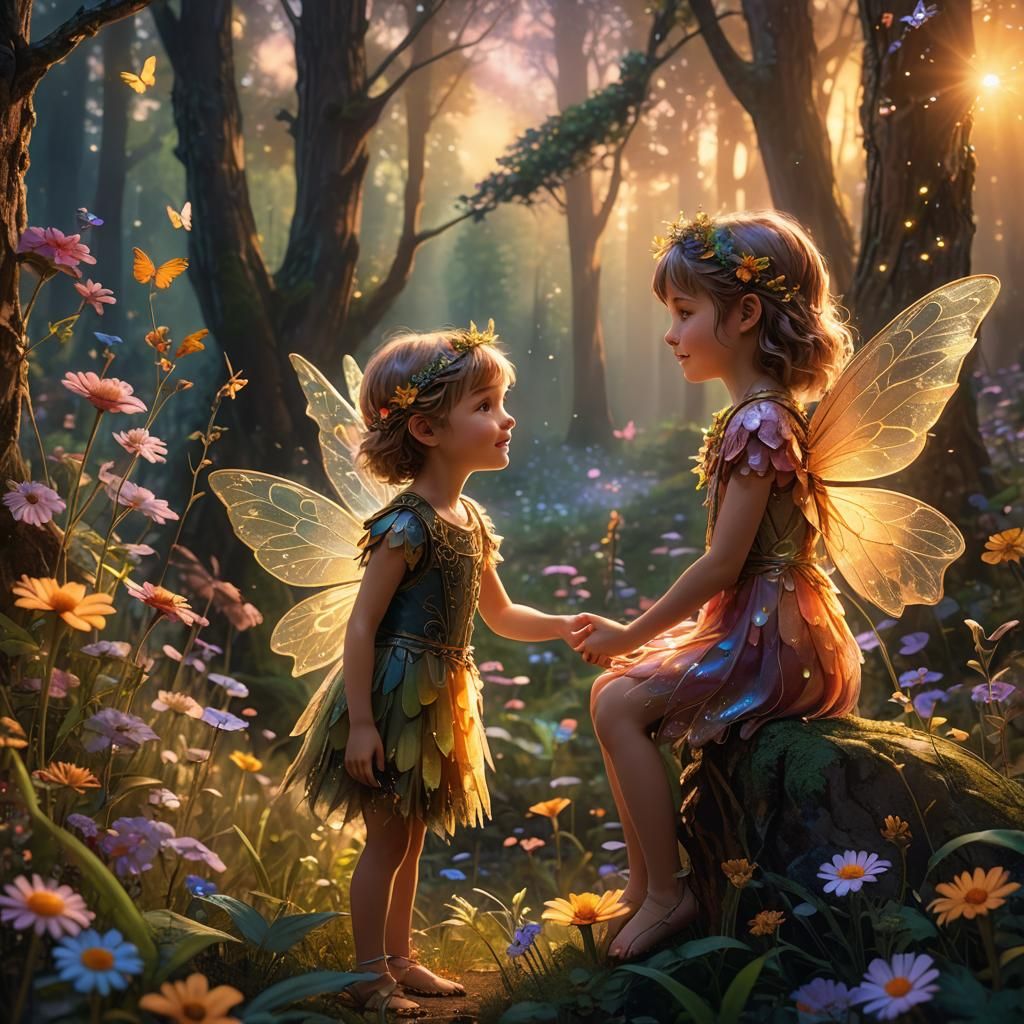 Child Befriends Fairy in Whimsical Forest