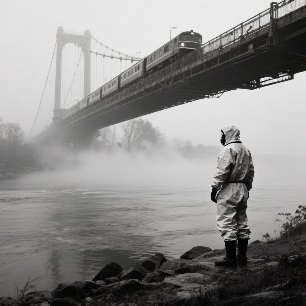 Monochrome Hazmat Figure on Bridge in Vintage Style