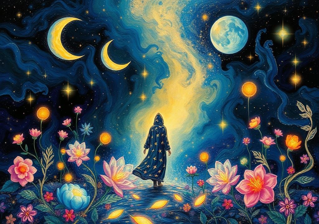 Dreamlike Celestial Garden with Glowing Flora