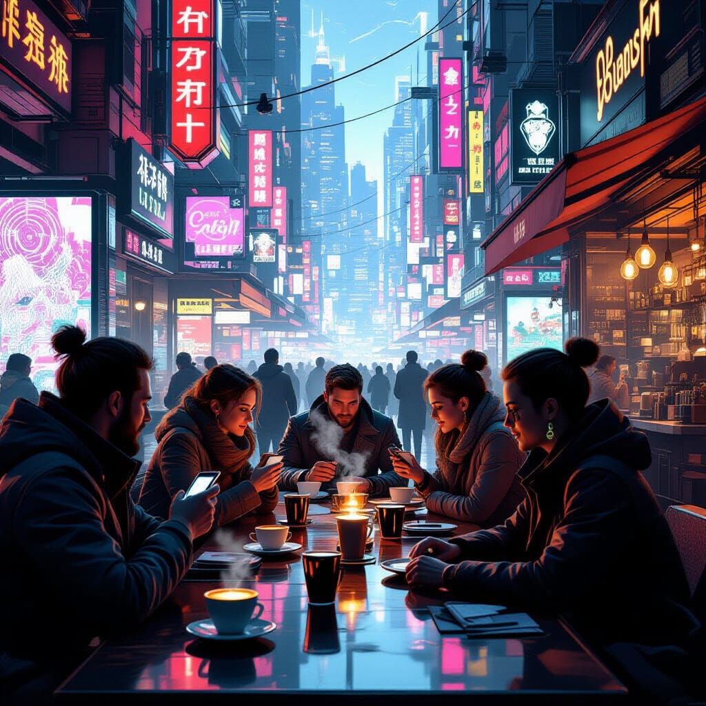 Futuristic Cafe Scene With Neon Lights
