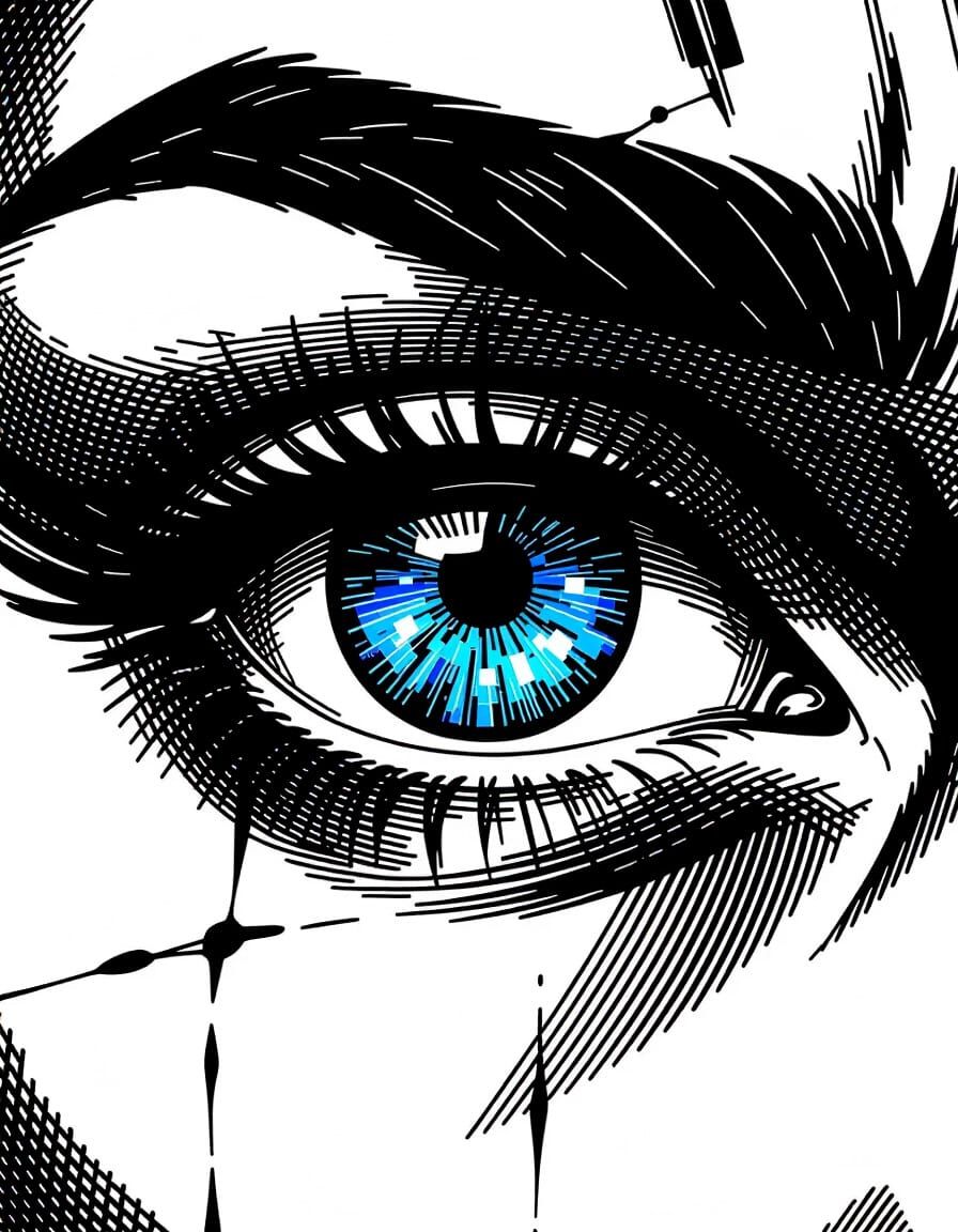 Piercing Blue Eye Reflecting Futuristic Cityscape in Comic S...