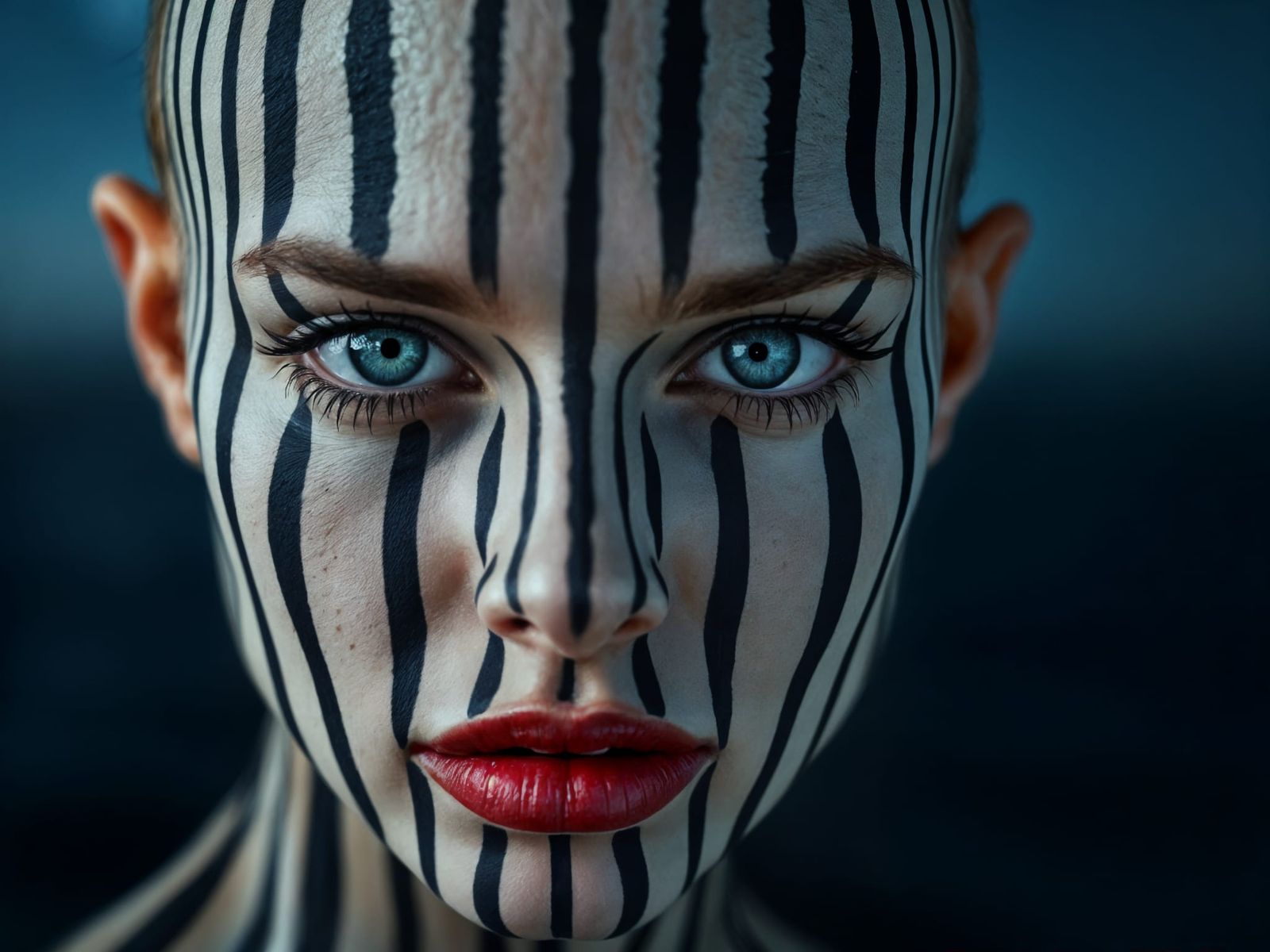 Gorgeous Young Woman with Striped Skin in a Starry Night Sce...