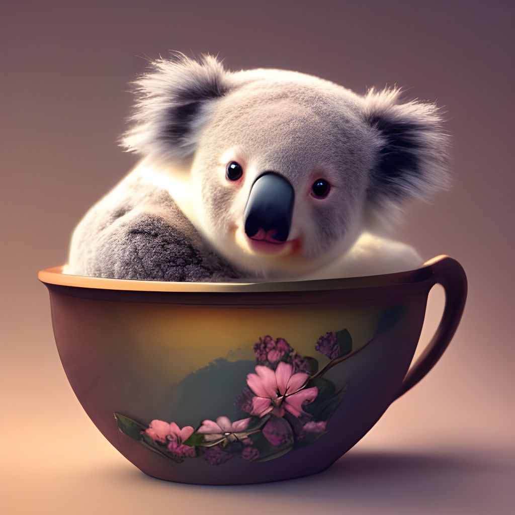 Cute Koala Sleeping in Teacup: 3D Render