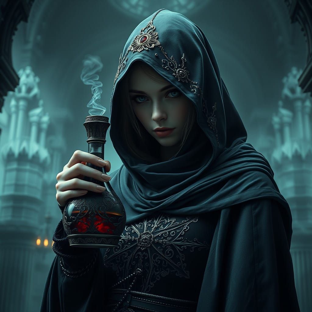 Ethereal Dark Academia Goddess with Poison Flask