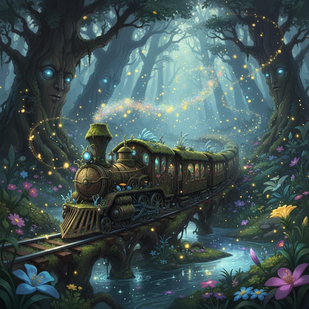 Enchanting Train Journey Through a Magical Forest