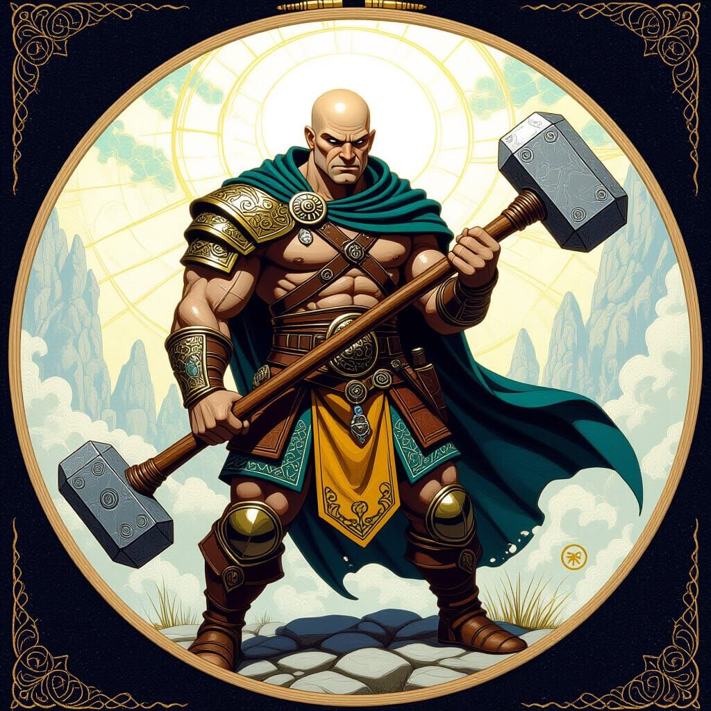 Luminous Fantasy Warrior with Hammer, Embroidered Style