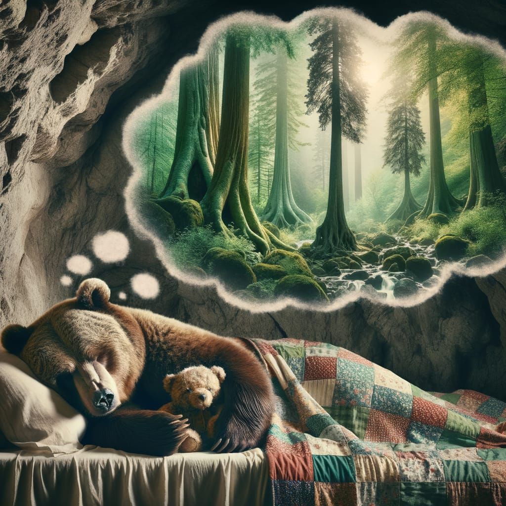 Surreal Double Exposure of a Sleeping Bear in a Cozy Cave