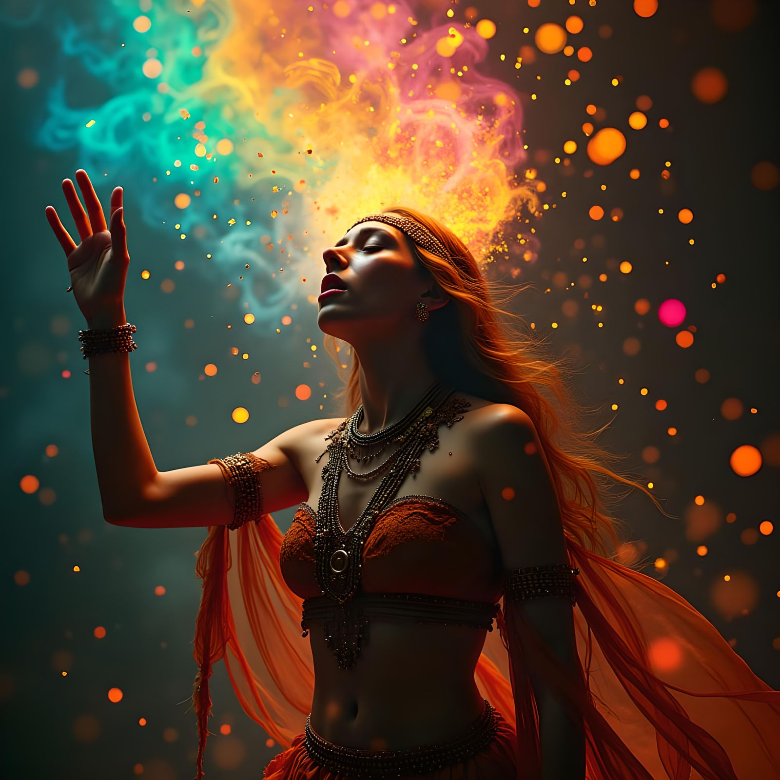 Woman Singing Rainbow Notes in Hyperrealistic Portrait