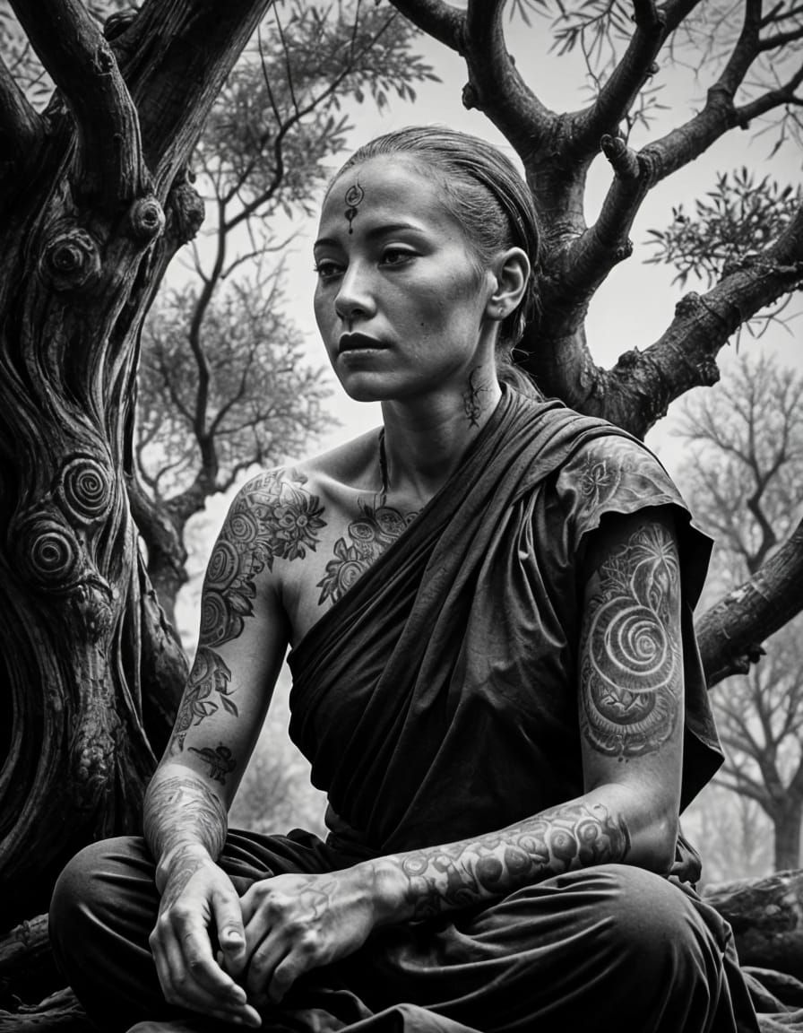 Elegant Female Monk in Charcoal Monochrome