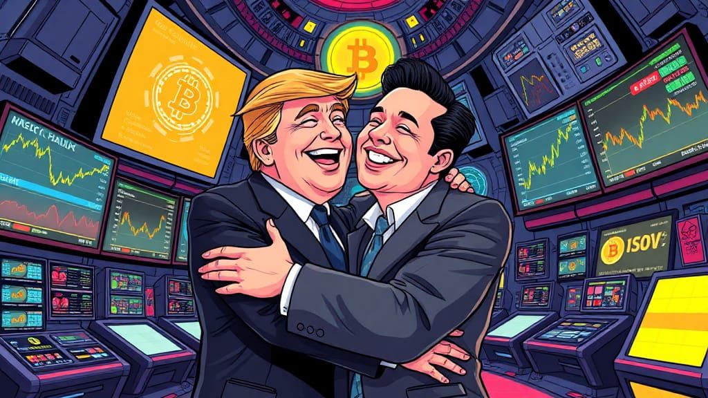 Trump and Musk Embrace in Retro Pop Art Style