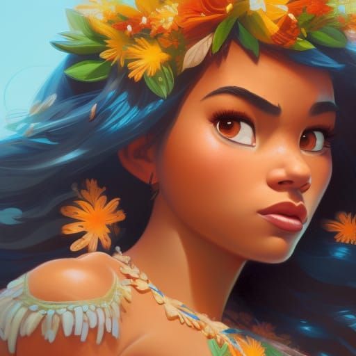 Moana Portrait in Hyperdetailed Art Nouveau Style