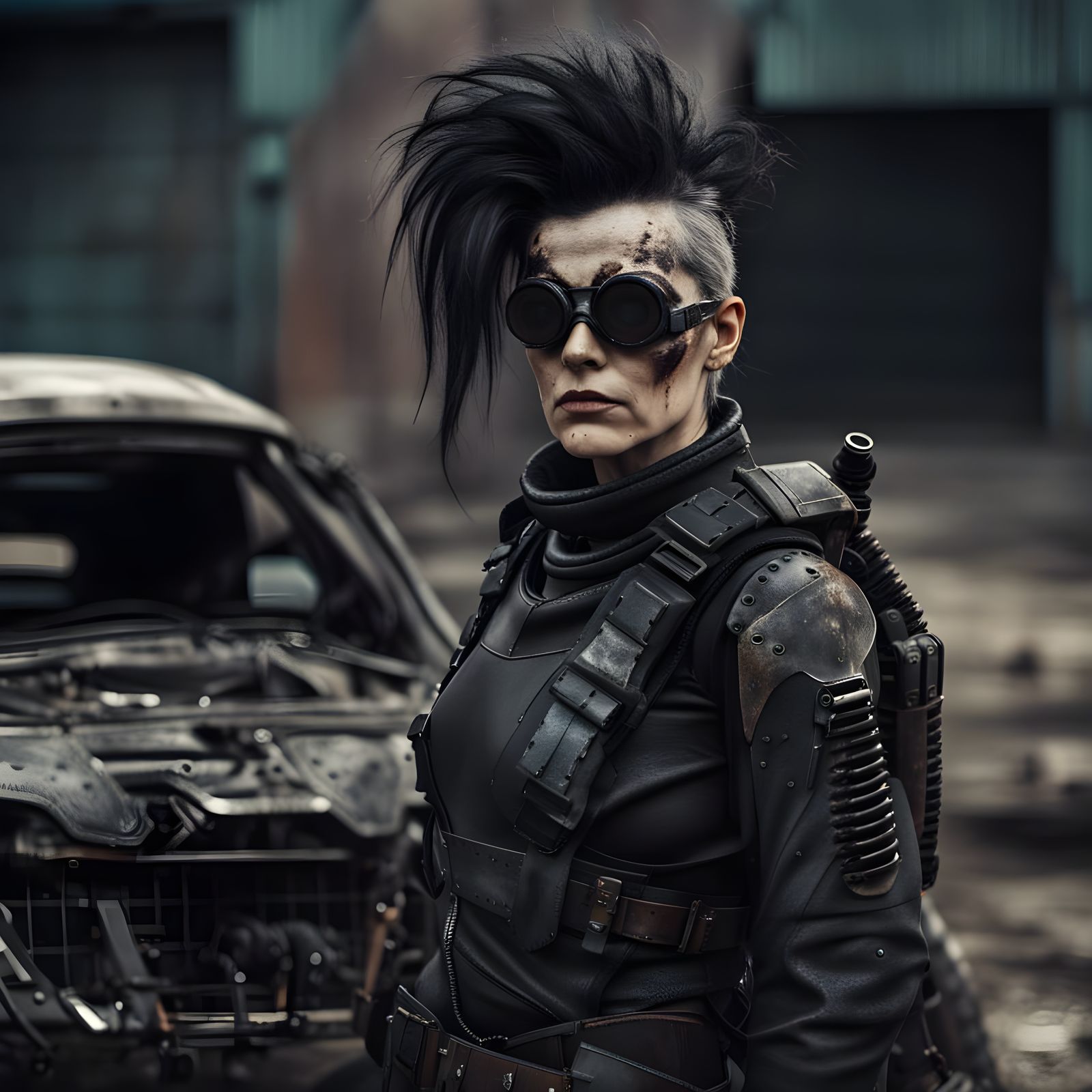 Post-Apocalyptic Warrior Woman with Retro-Tech Car