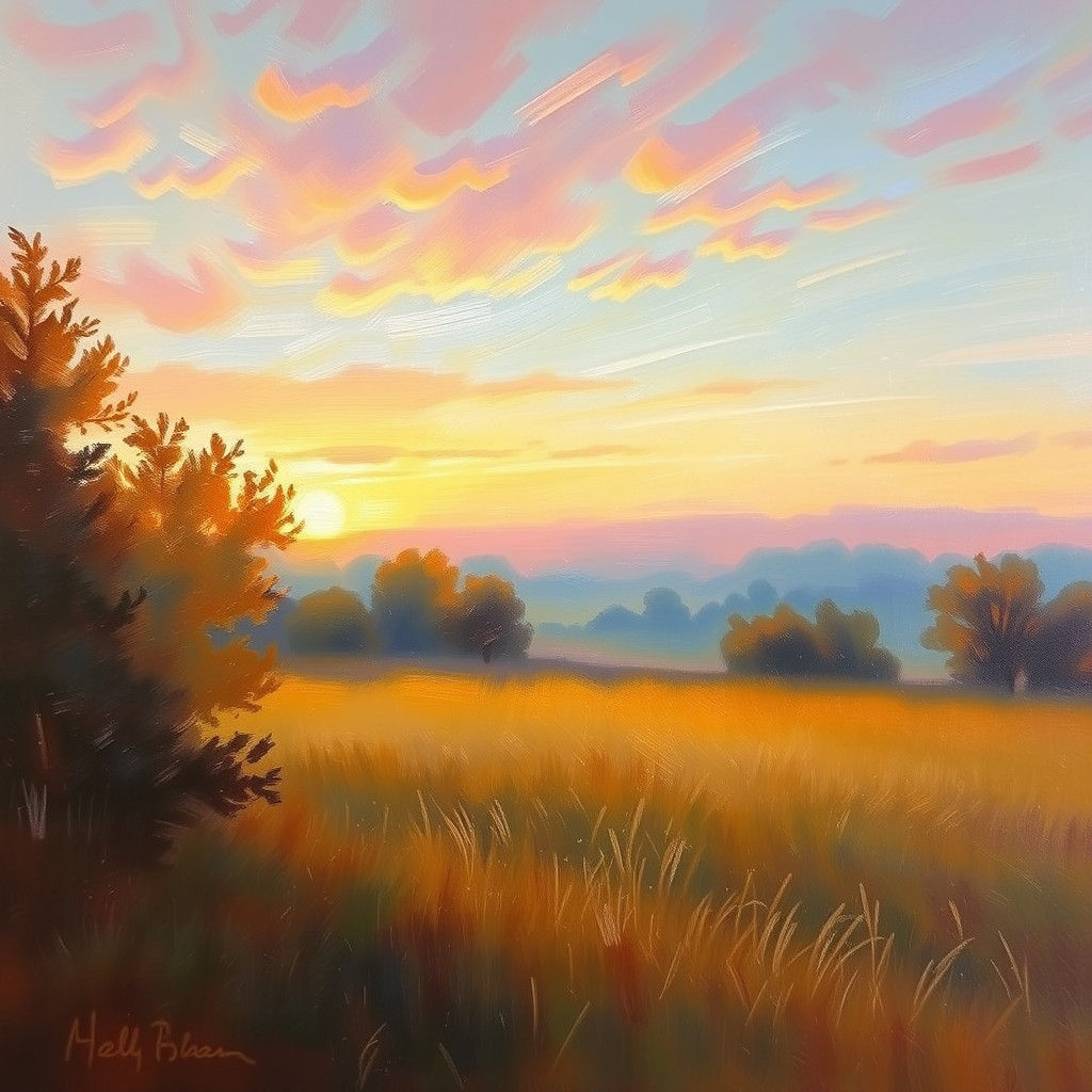 Golden Sunset Landscape in Impressionist Style
