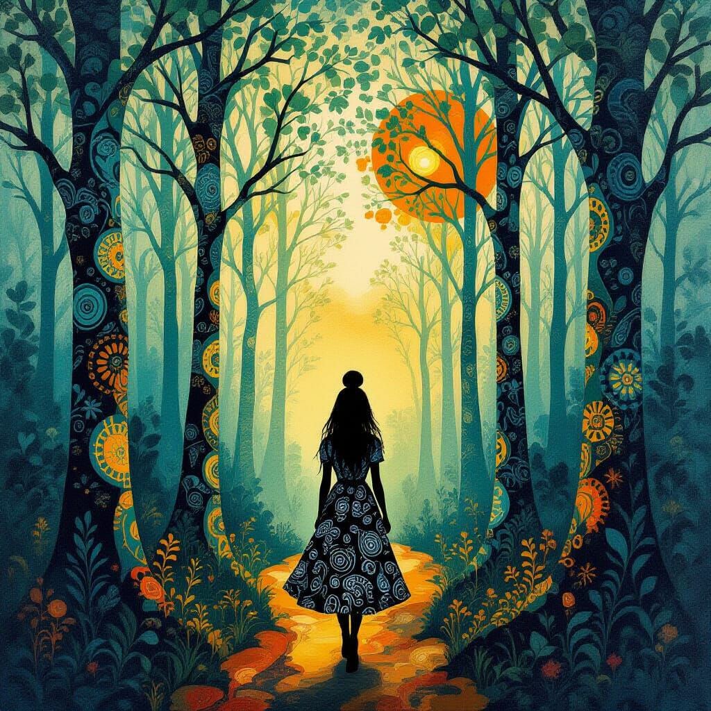 Paisley Forest with Girl in Surrealist Style