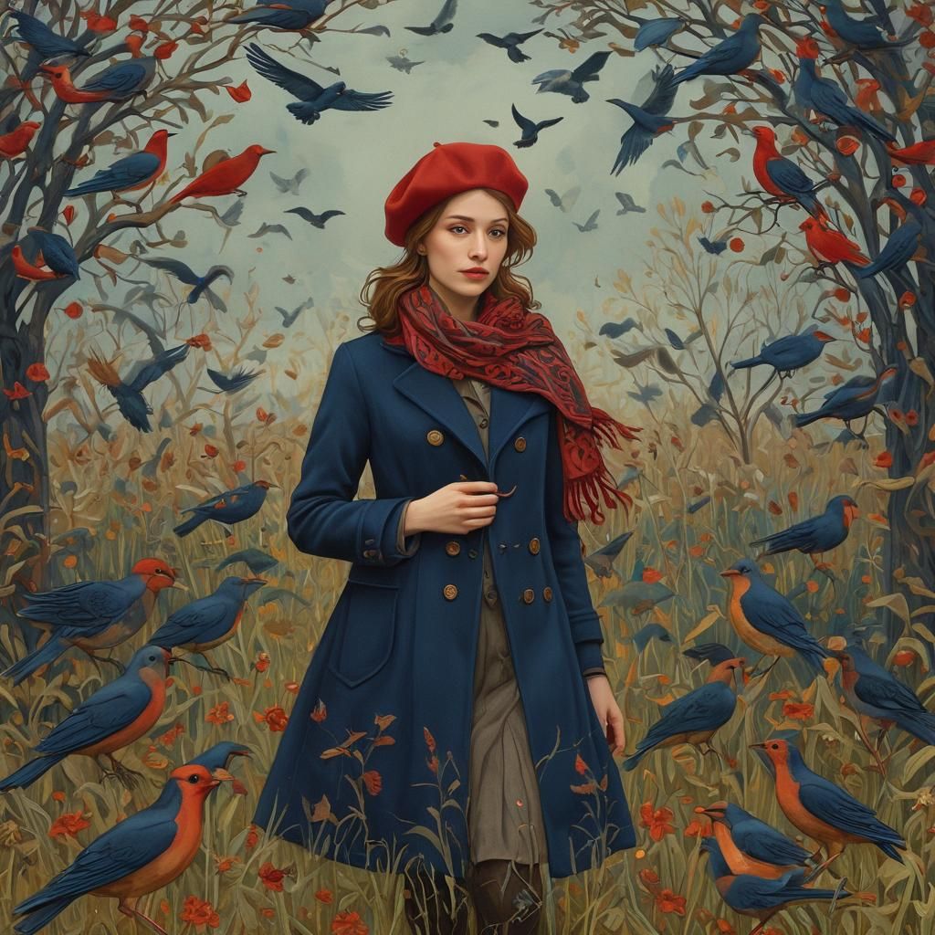 Art Nouveau Woman with Beret in Vintage Setting