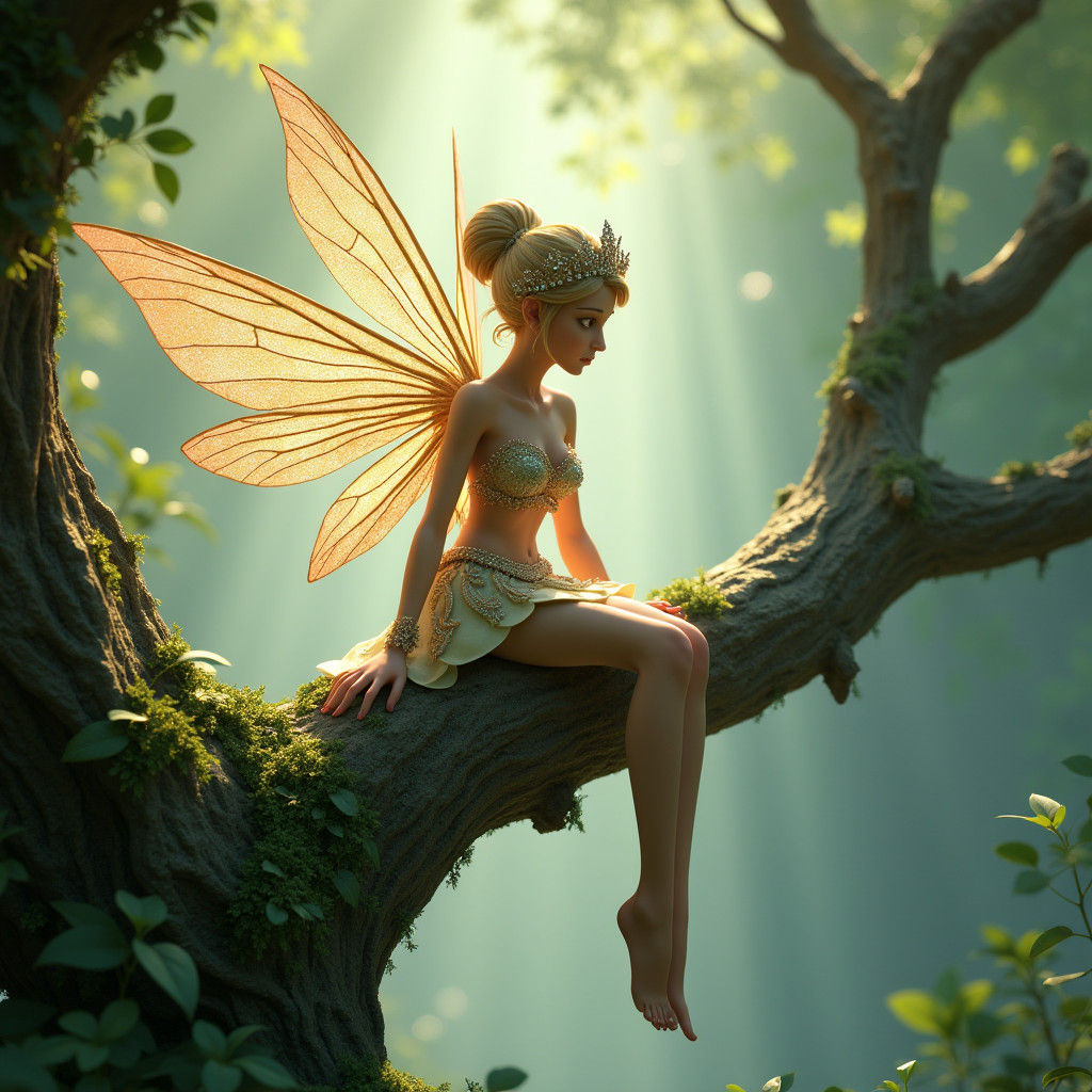 Regal Fairy on Branch in 3D Digital Art