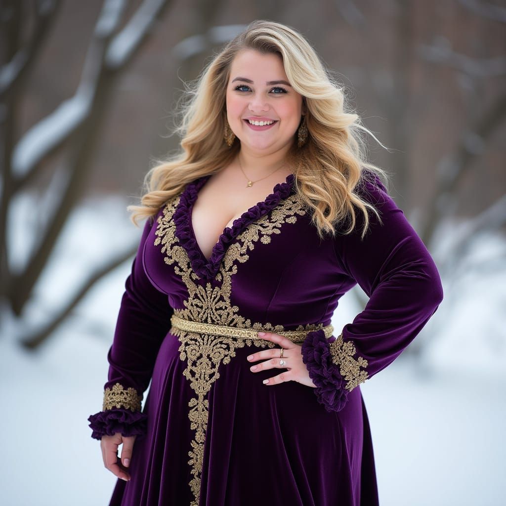 Elegant Curvy Woman in Velvet Gown Against Snowy Landscape