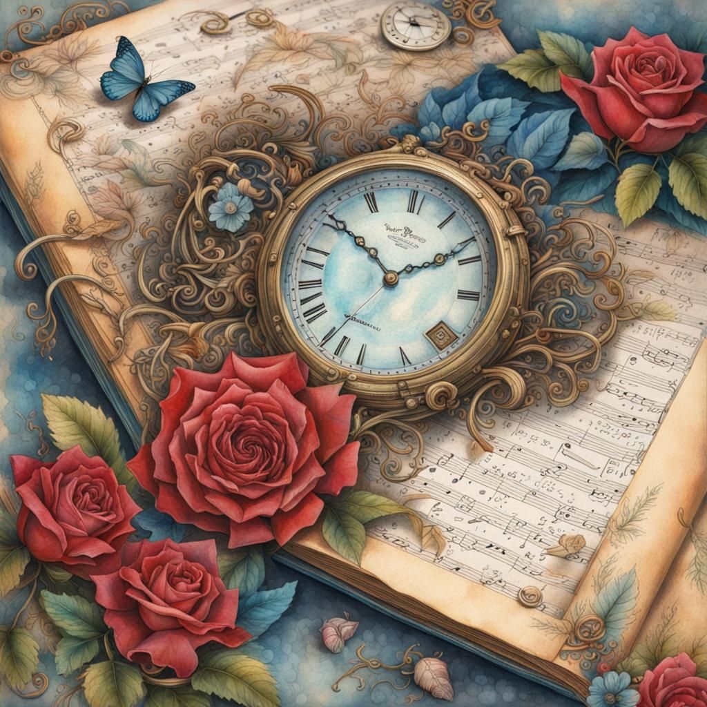 Floral Journal Page with Pocket Watch in Watercolor