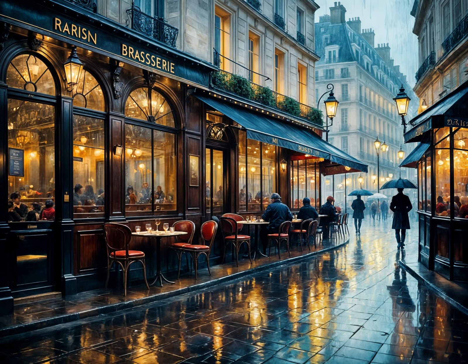 Parisian Brasserie Interior on Rainy Evening