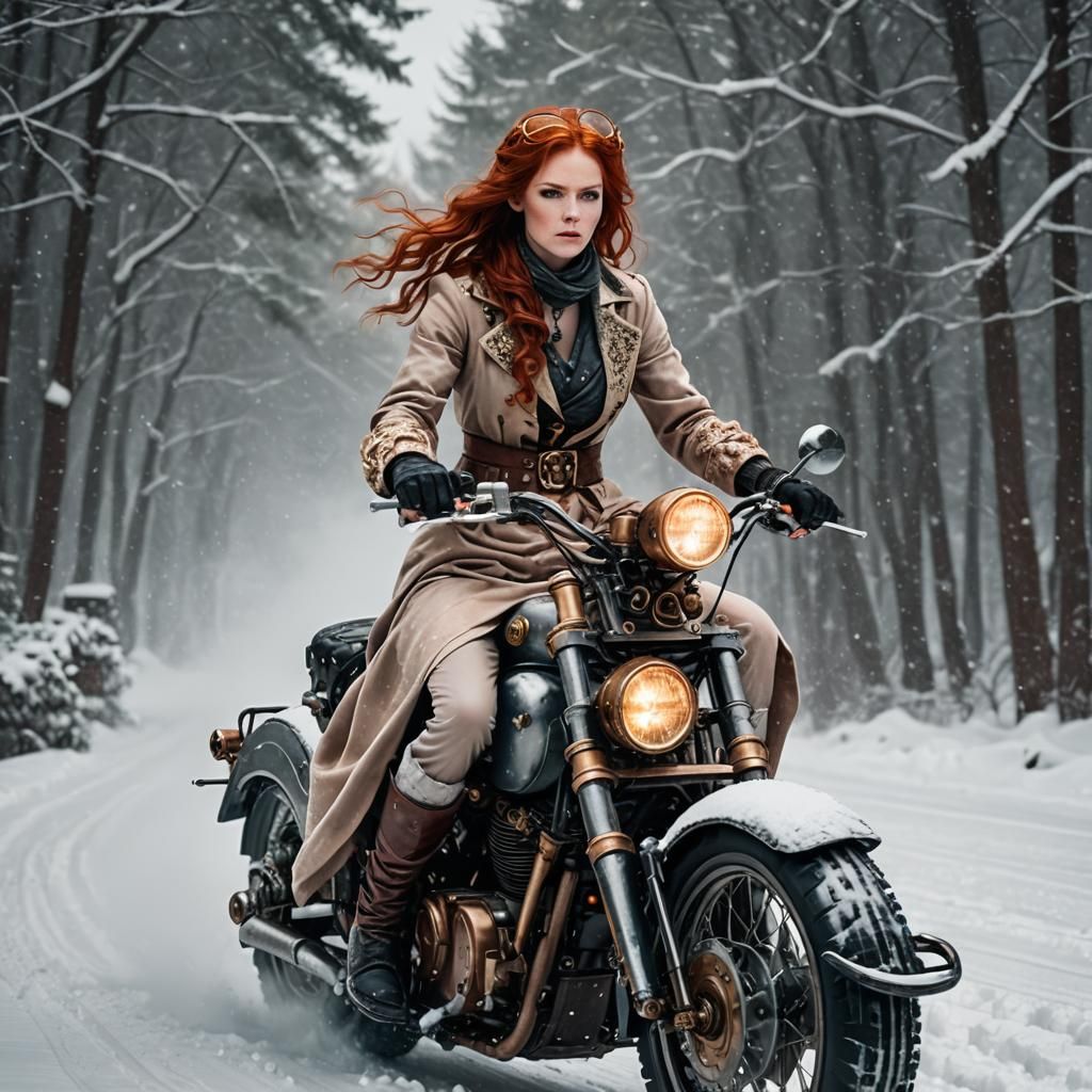 Redhead on Steampunk Motorcycle in Snow