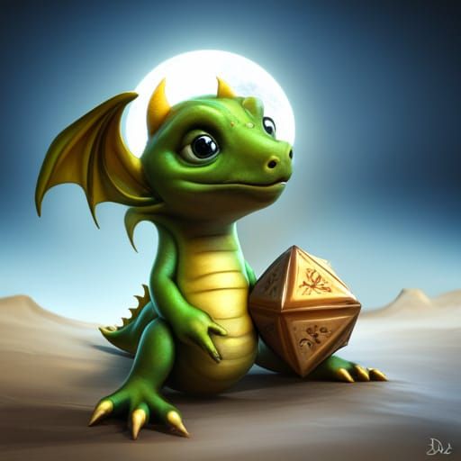 Baby Dragon Guarding its D20 Treasure
