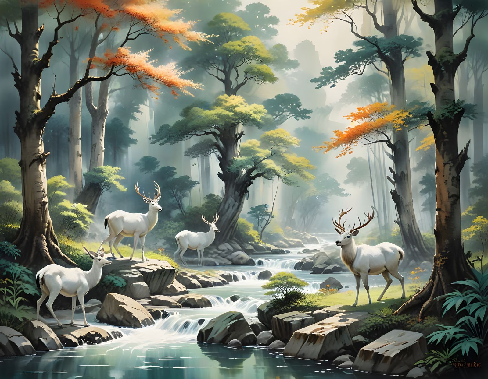 Lush Forest with Deer: Chinese Ink Painting