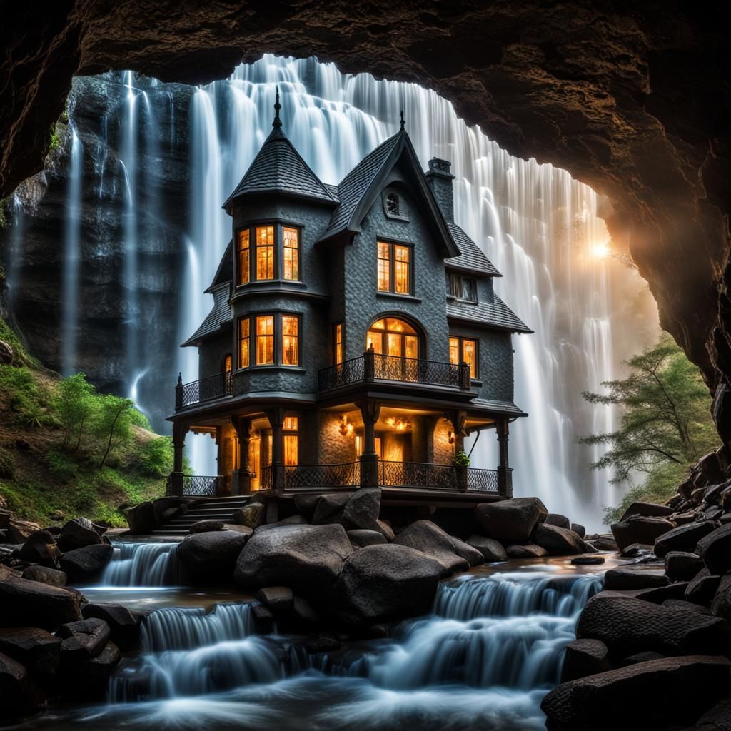 Crystal Glass Home Under Silhouette Waterfall Fantasy